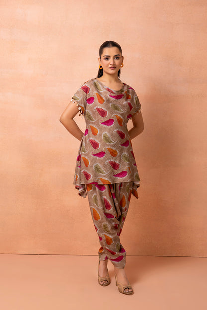 Soft Brown Abstract Printed Afghani Drape Pant Set