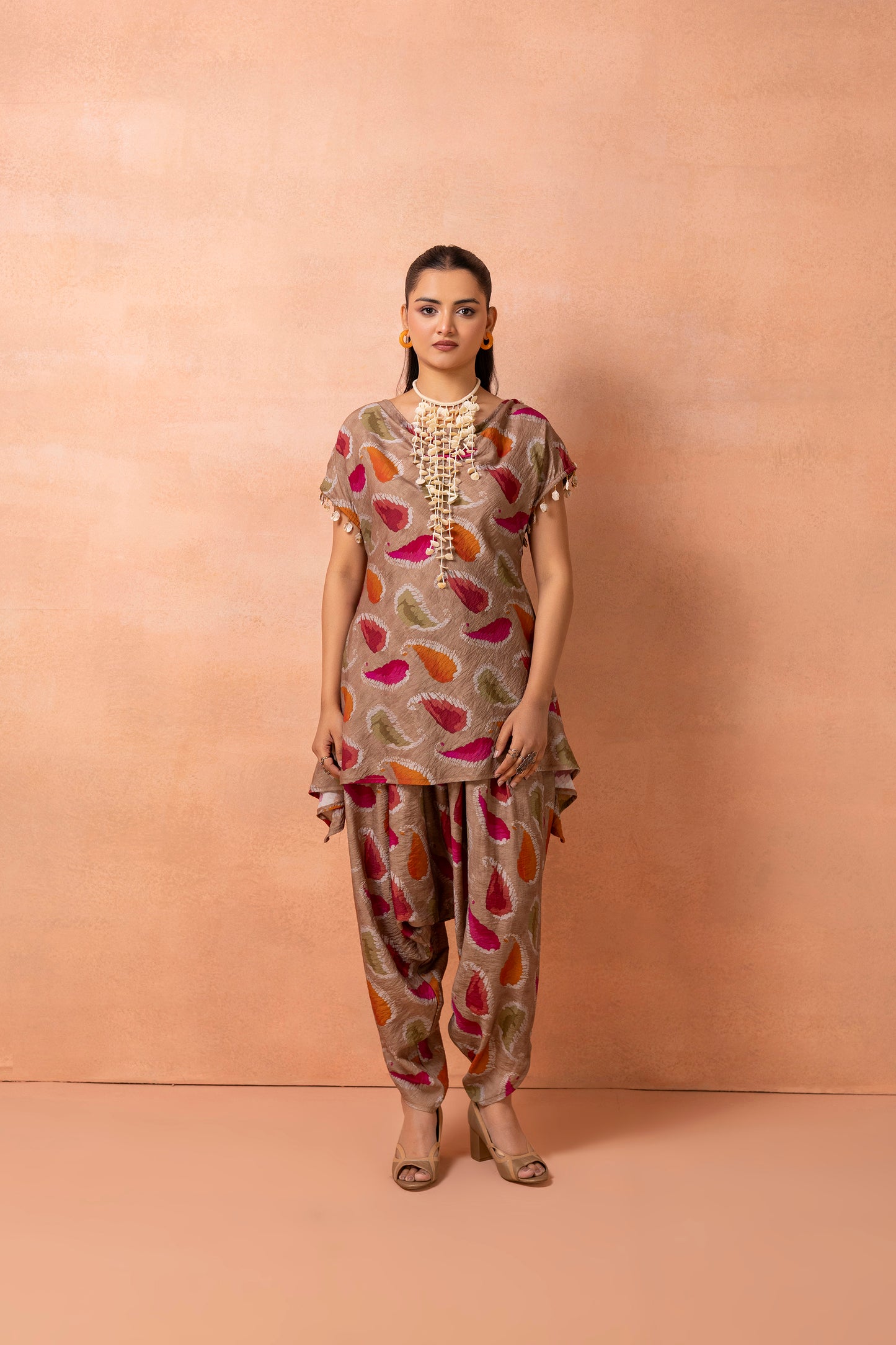Soft Brown Abstract Printed Afghani Drape Pant Set