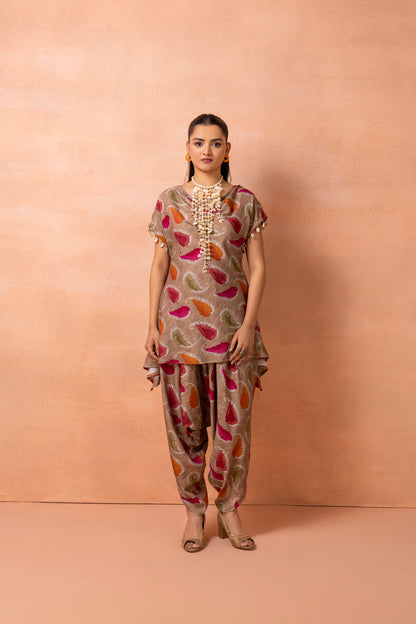 Soft Brown Abstract Printed Afghani Drape Pant Set
