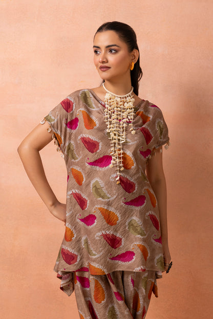 Soft Brown Abstract Printed Afghani Drape Pant Set