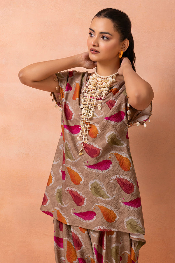 Soft Brown Abstract Printed Afghani Drape Pant Set