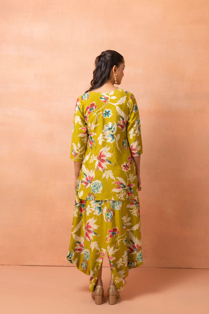 Lime Printed Kurta And Harem Cowl Skirt