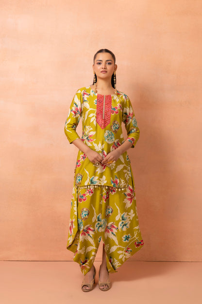 Lime Printed Kurta And Harem Cowl Skirt