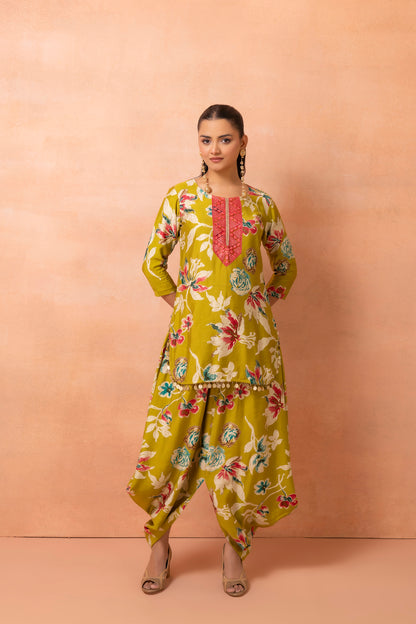 Lime Printed Kurta And Harem Cowl Skirt