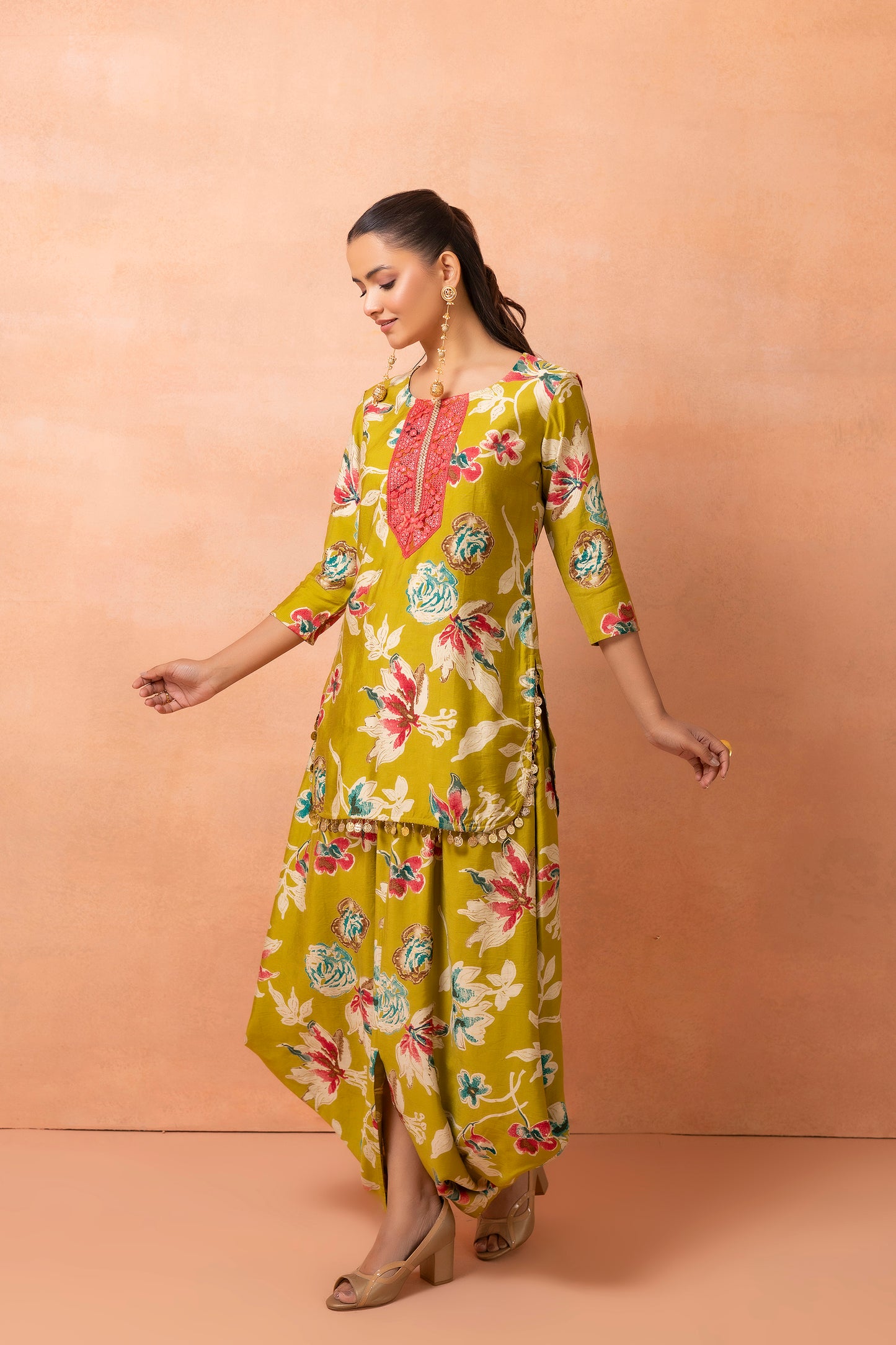 Lime Printed Kurta And Harem Cowl Skirt