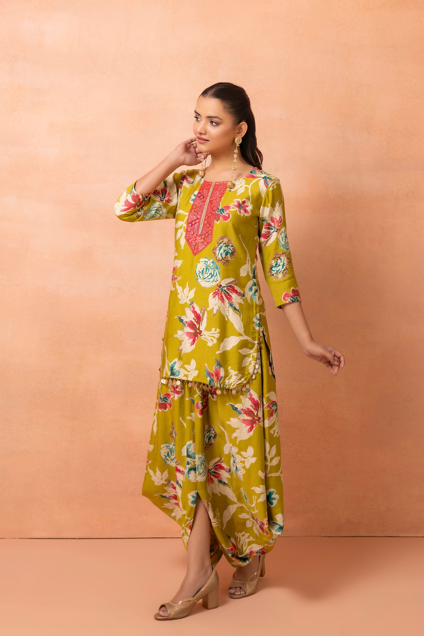 Lime Printed Kurta And Harem Cowl Skirt