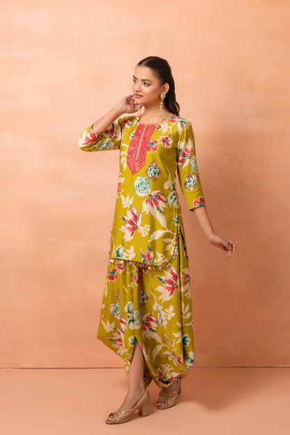Lime Printed Kurta And Harem Cowl Skirt