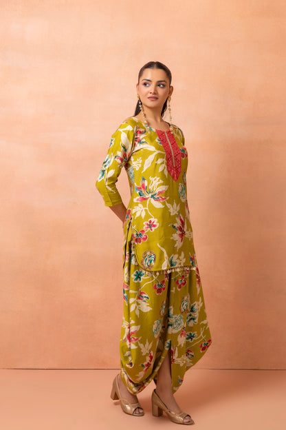 Lime Printed Kurta And Harem Cowl Skirt