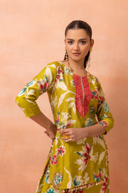 Lime Printed Kurta And Harem Cowl Skirt