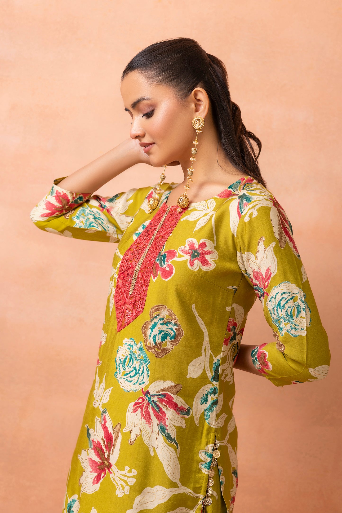 Lime Printed Kurta And Harem Cowl Skirt