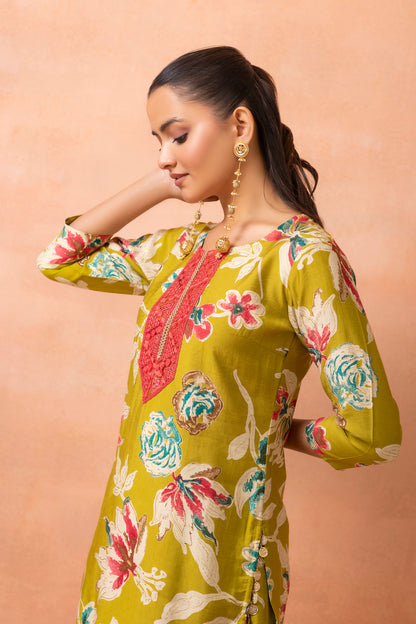 Lime Printed Kurta And Harem Cowl Skirt