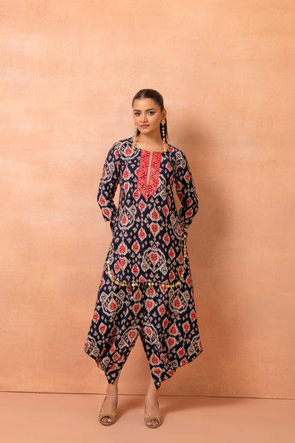 Navy Blue Printed Kurta And Harem Cowl Skirt