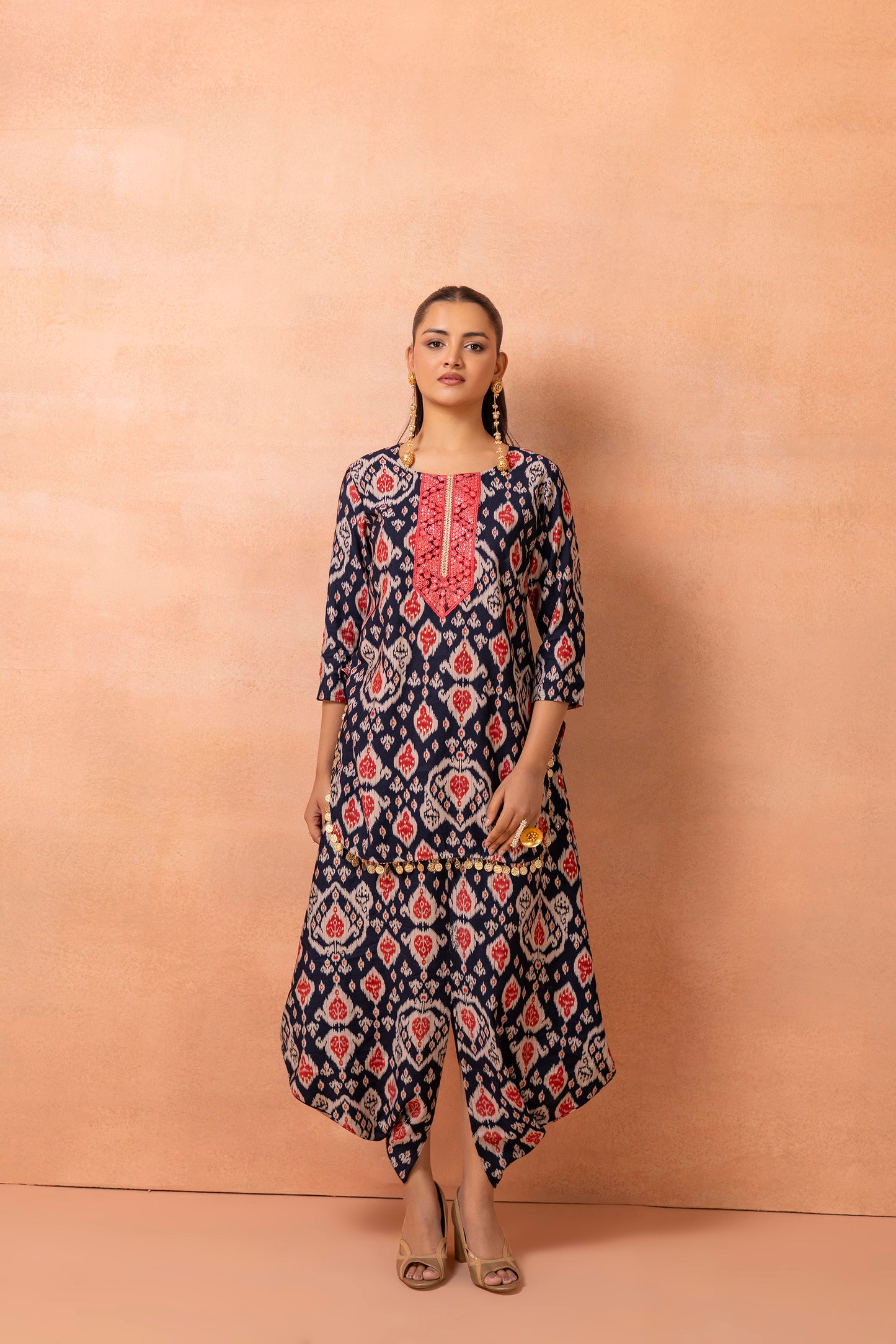Navy Blue Printed Kurta And Harem Cowl Skirt