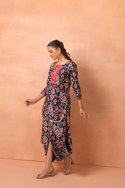 Navy Blue Printed Kurta And Harem Cowl Skirt