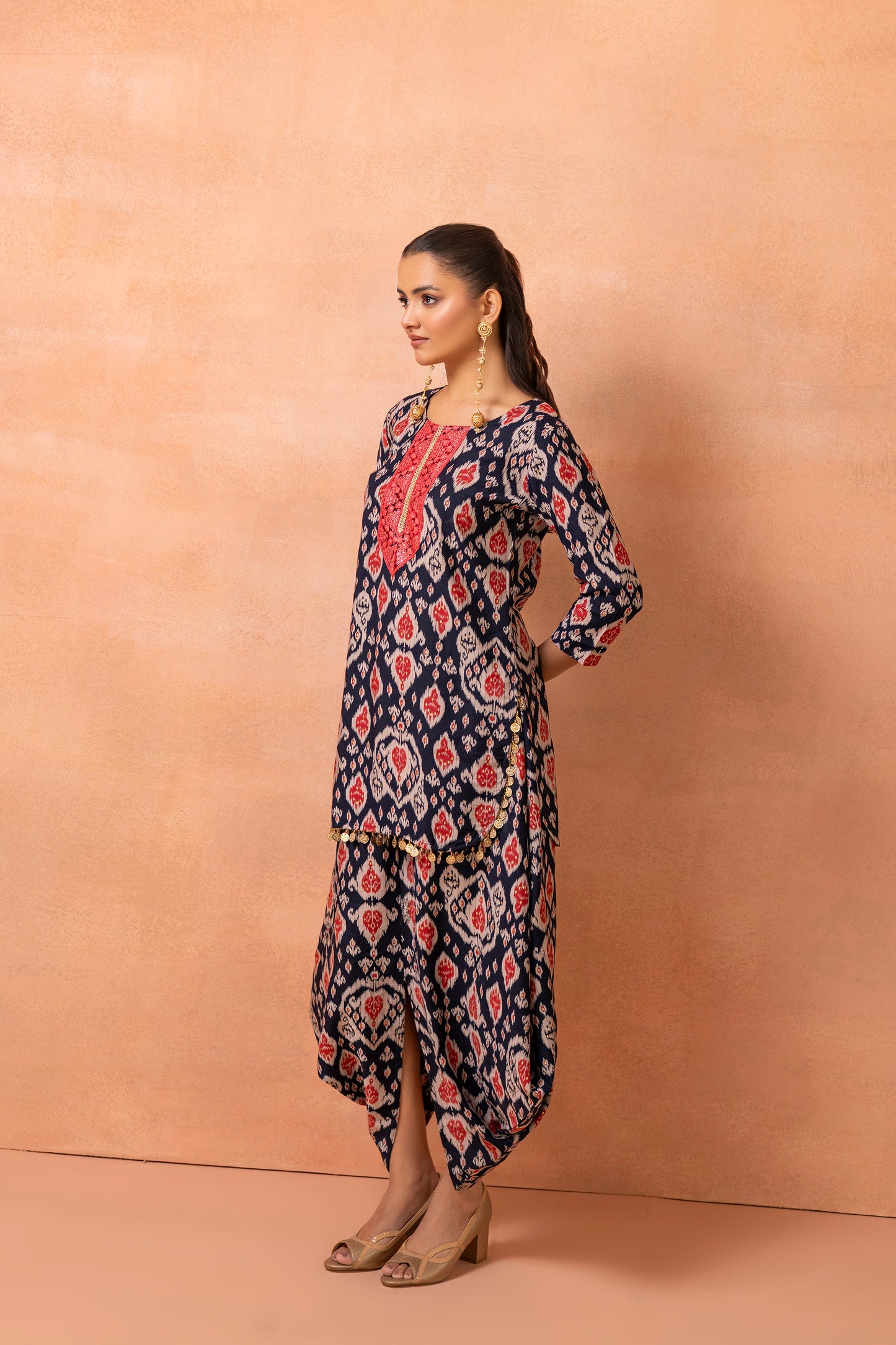 Navy Blue Printed Kurta And Harem Cowl Skirt
