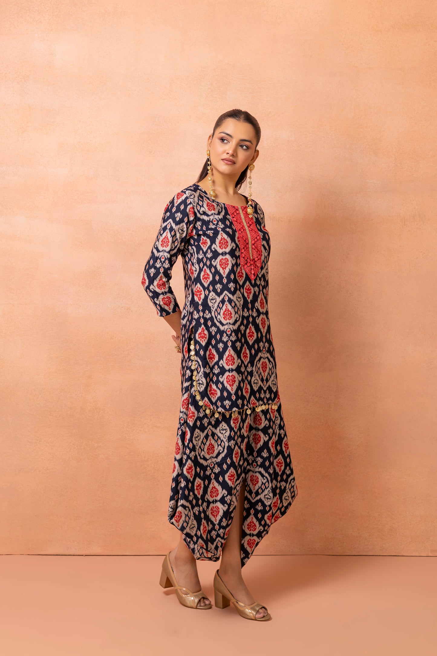 Navy Blue Printed Kurta And Harem Cowl Skirt