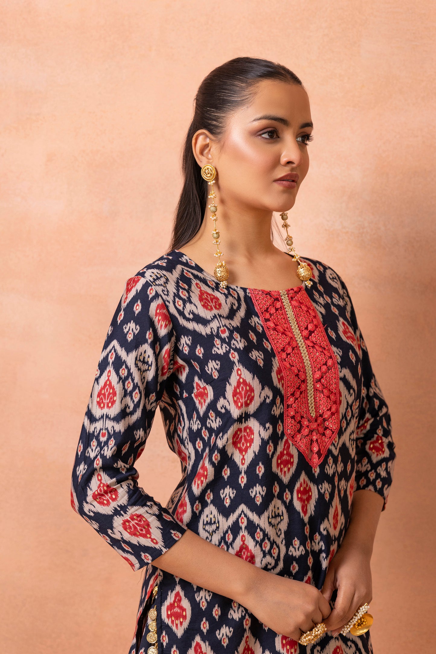 Navy Blue Printed Kurta And Harem Cowl Skirt