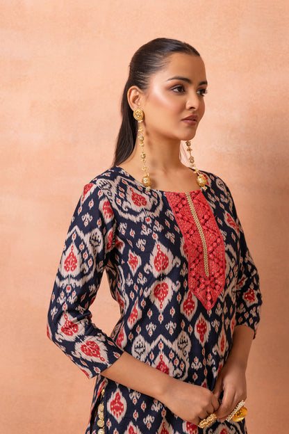 Navy Blue Printed Kurta And Harem Cowl Skirt