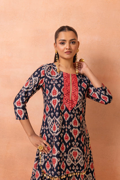 Navy Blue Printed Kurta And Harem Cowl Skirt