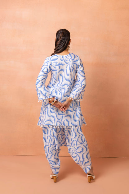 White And Blue Abstract Print Cowl Dhoti Set