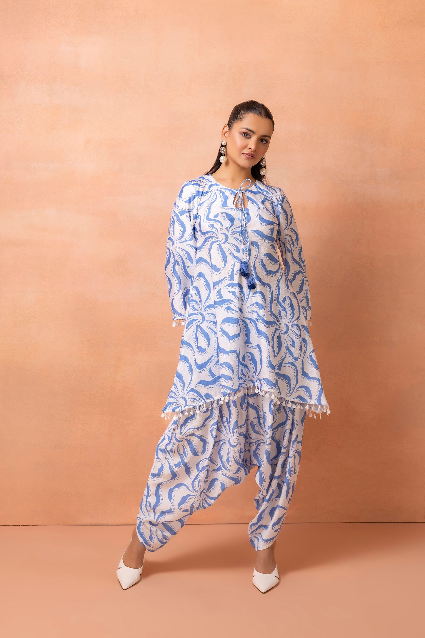 White And Blue Abstract Print Cowl Dhoti Set