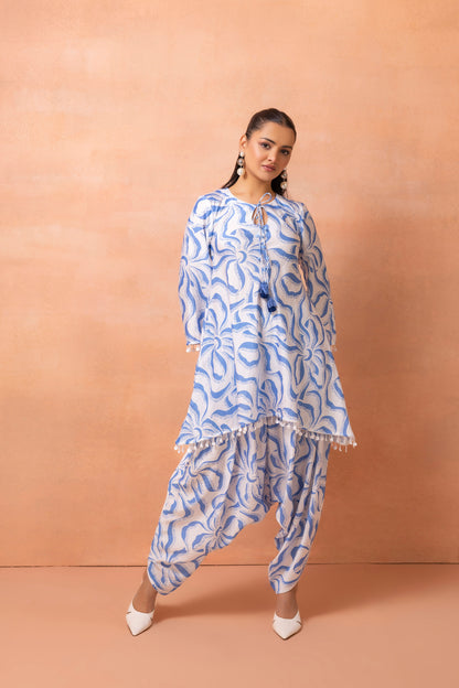 White And Blue Abstract Print Cowl Dhoti Set