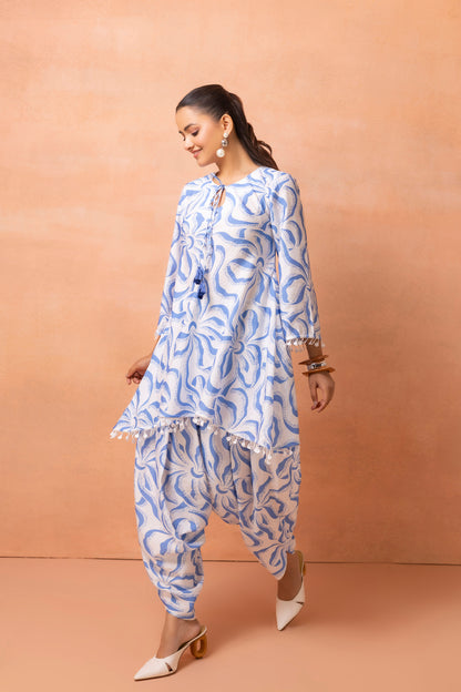 White And Blue Abstract Print Cowl Dhoti Set