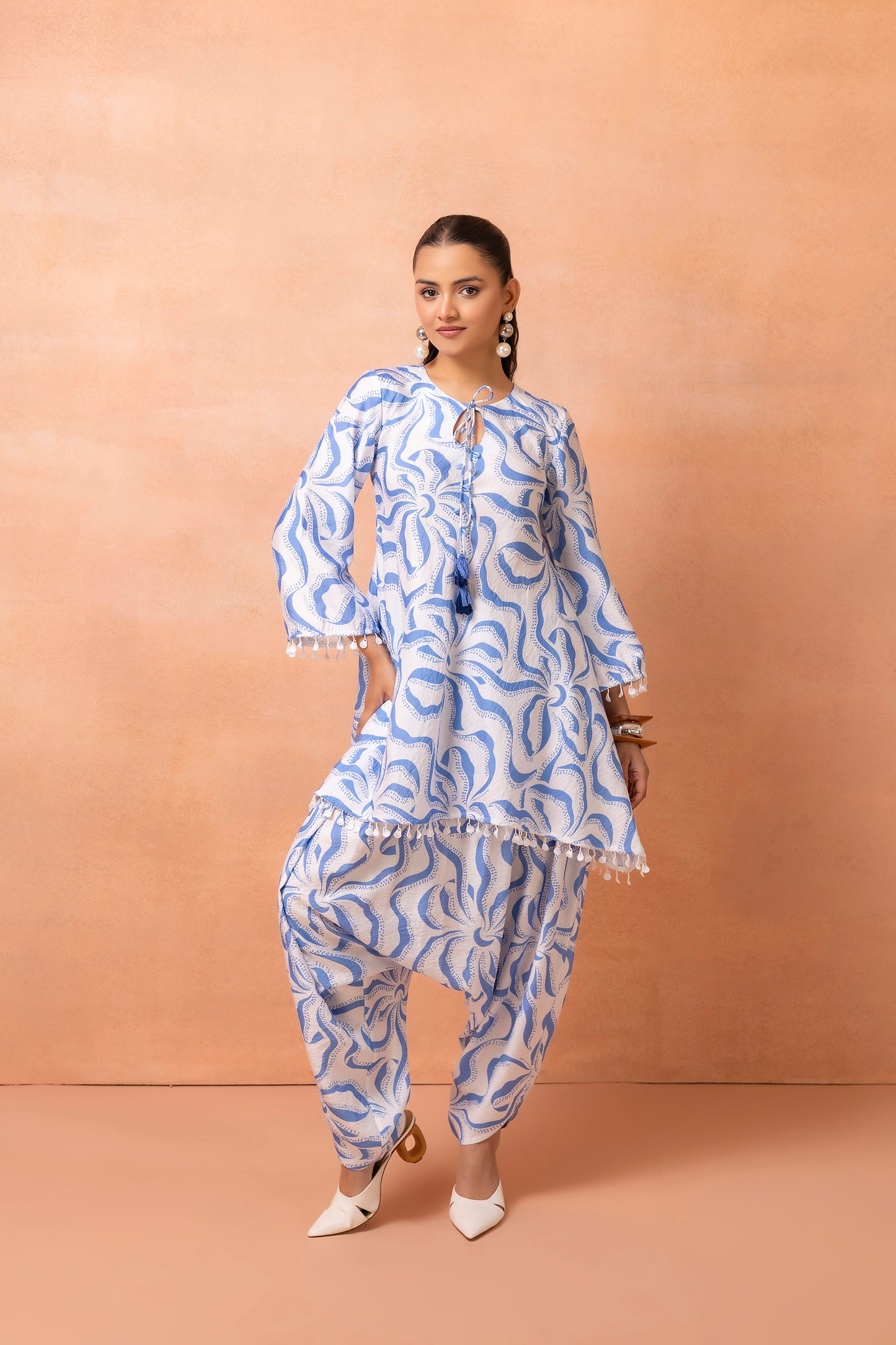 White And Blue Abstract Print Cowl Dhoti Set
