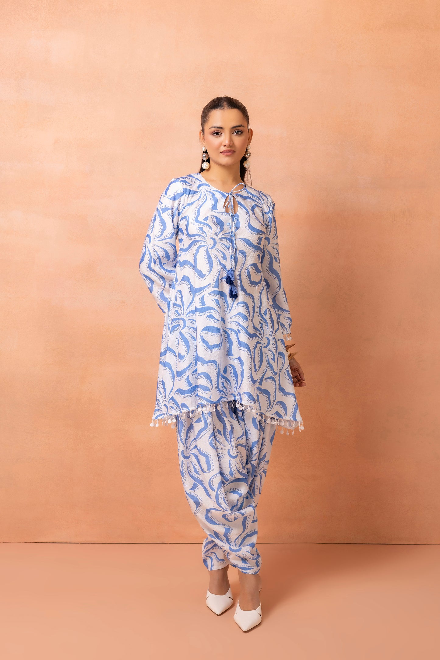 White And Blue Abstract Print Cowl Dhoti Set