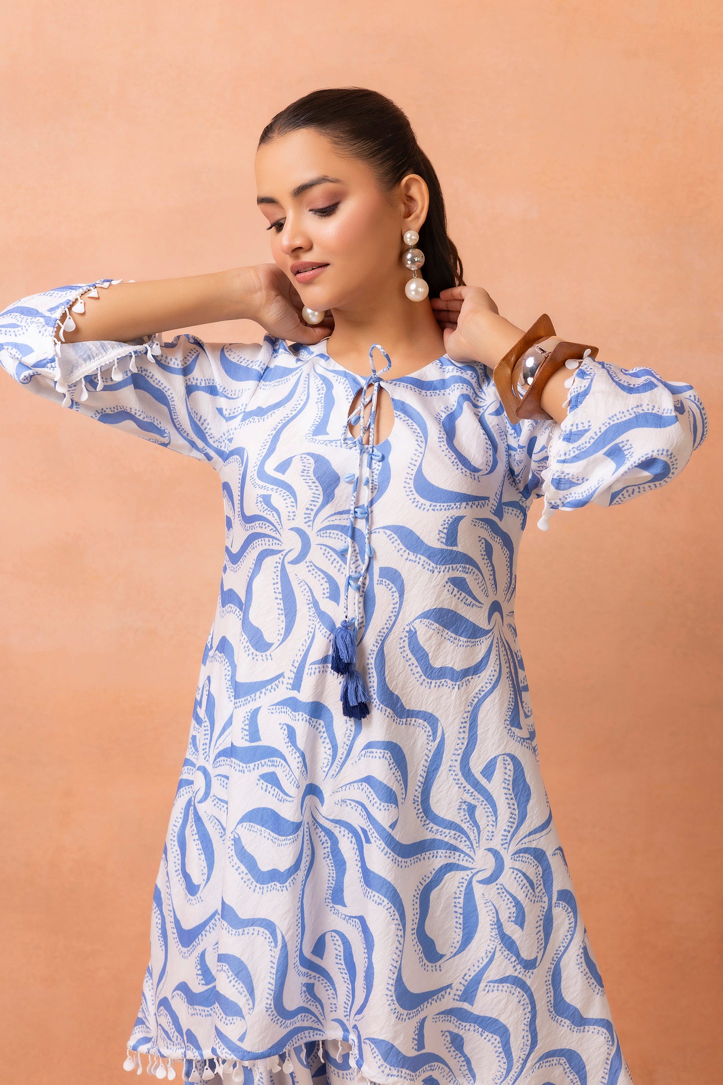 White And Blue Abstract Print Cowl Dhoti Set