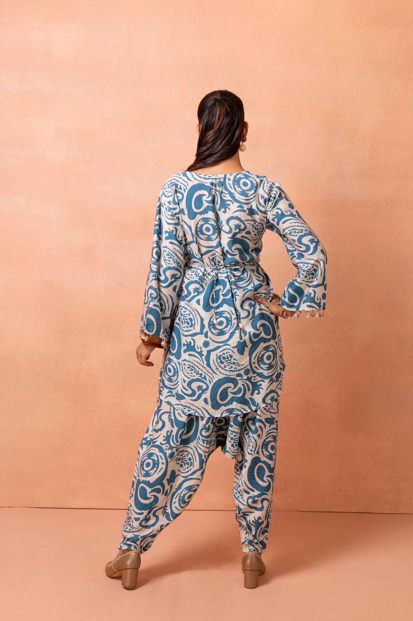 Beige and Teal Wrap Top With Cowl Dhoti Pants Set