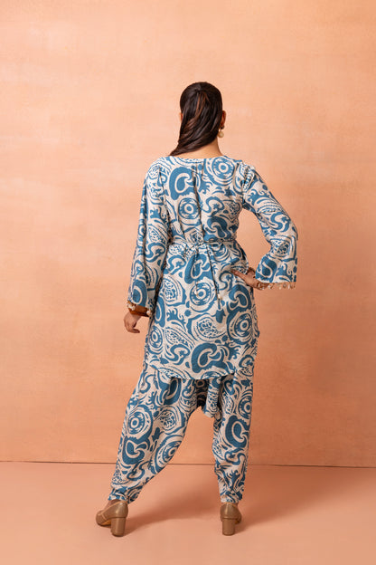 Beige and Teal Wrap Top With Cowl Dhoti Pants Set