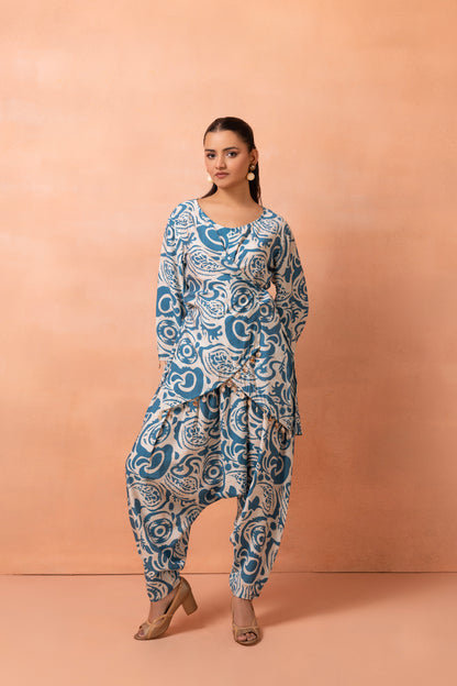 Beige and Teal Wrap Top With Cowl Dhoti Pants Set