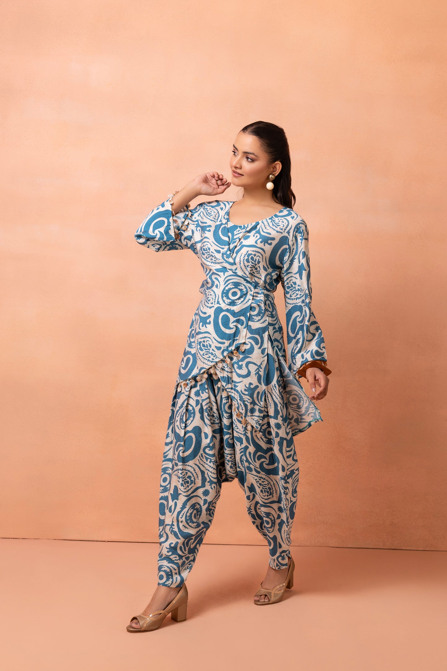 Beige and Teal Wrap Top With Cowl Dhoti Pants Set