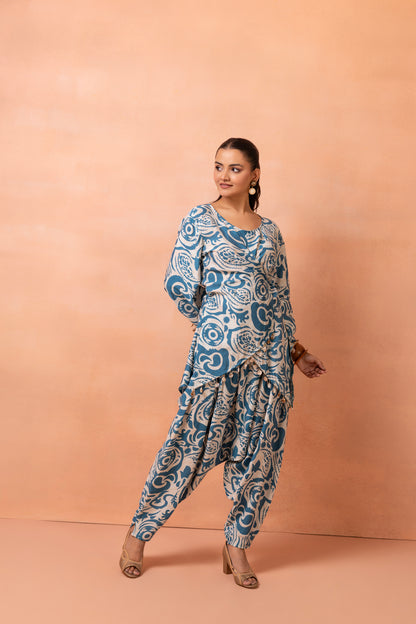 Beige and Teal Wrap Top With Cowl Dhoti Pants Set