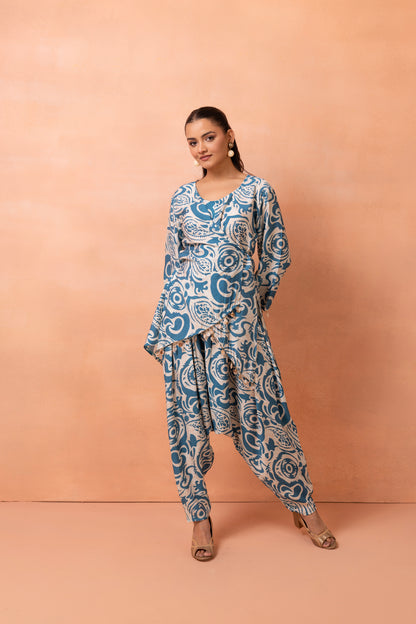 Beige and Teal Wrap Top With Cowl Dhoti Pants Set