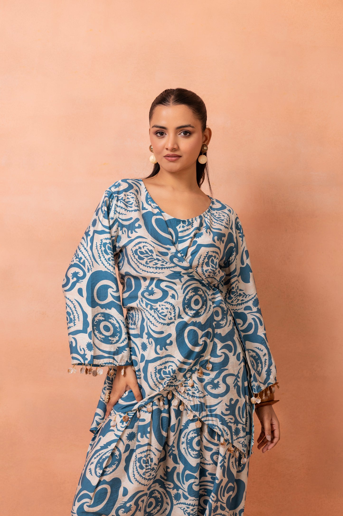 Beige and Teal Wrap Top With Cowl Dhoti Pants Set