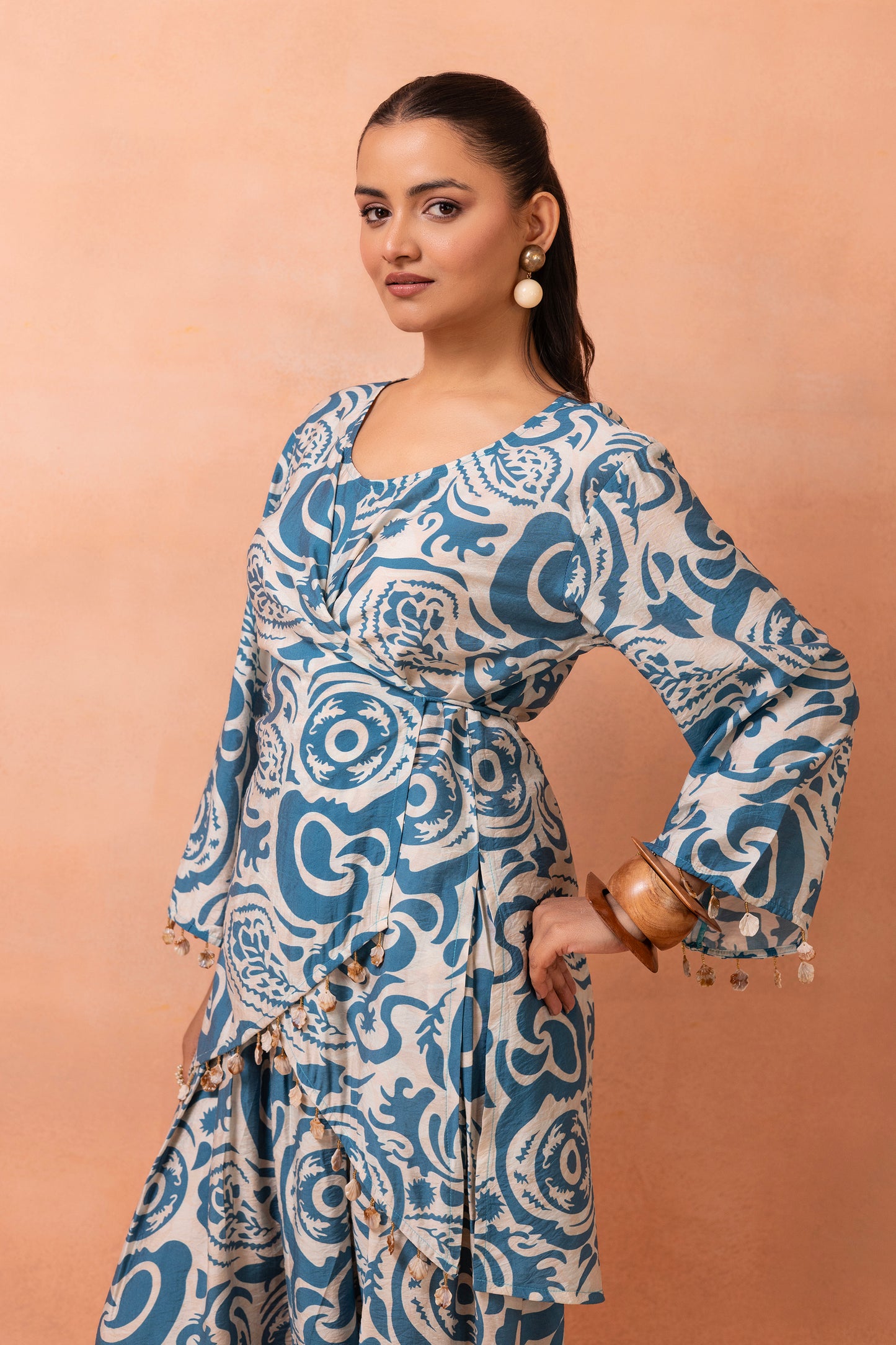 Beige and Teal Wrap Top With Cowl Dhoti Pants Set