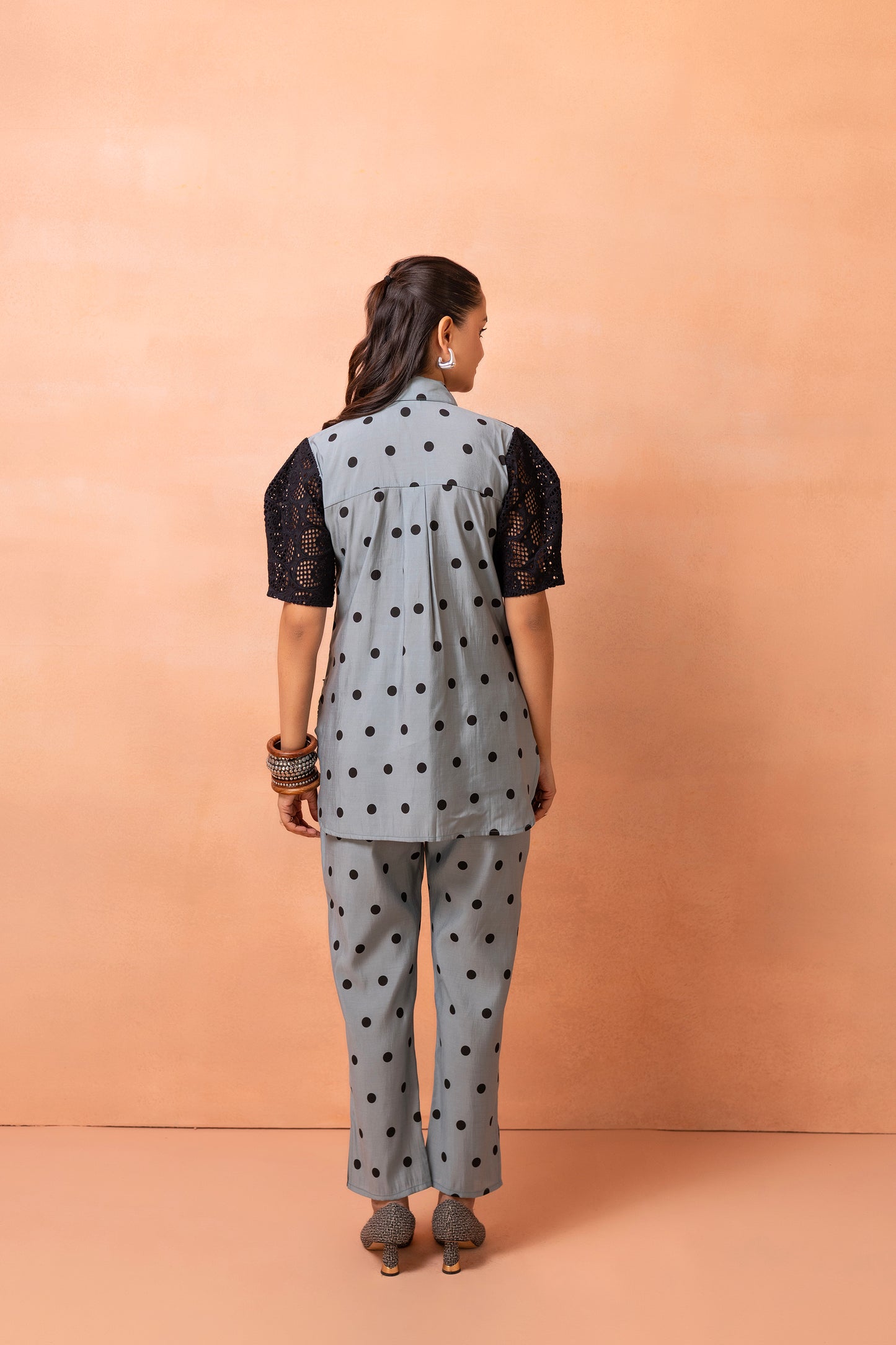 Powder Blue Polka Dots With Black Crochet Co-ord Set