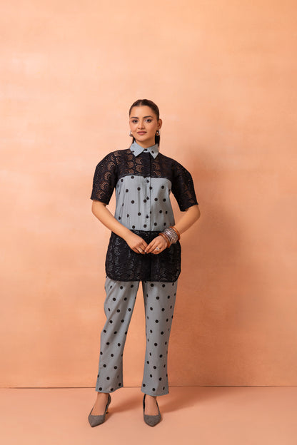 Powder Blue Polka Dots With Black Crochet Co-ord Set