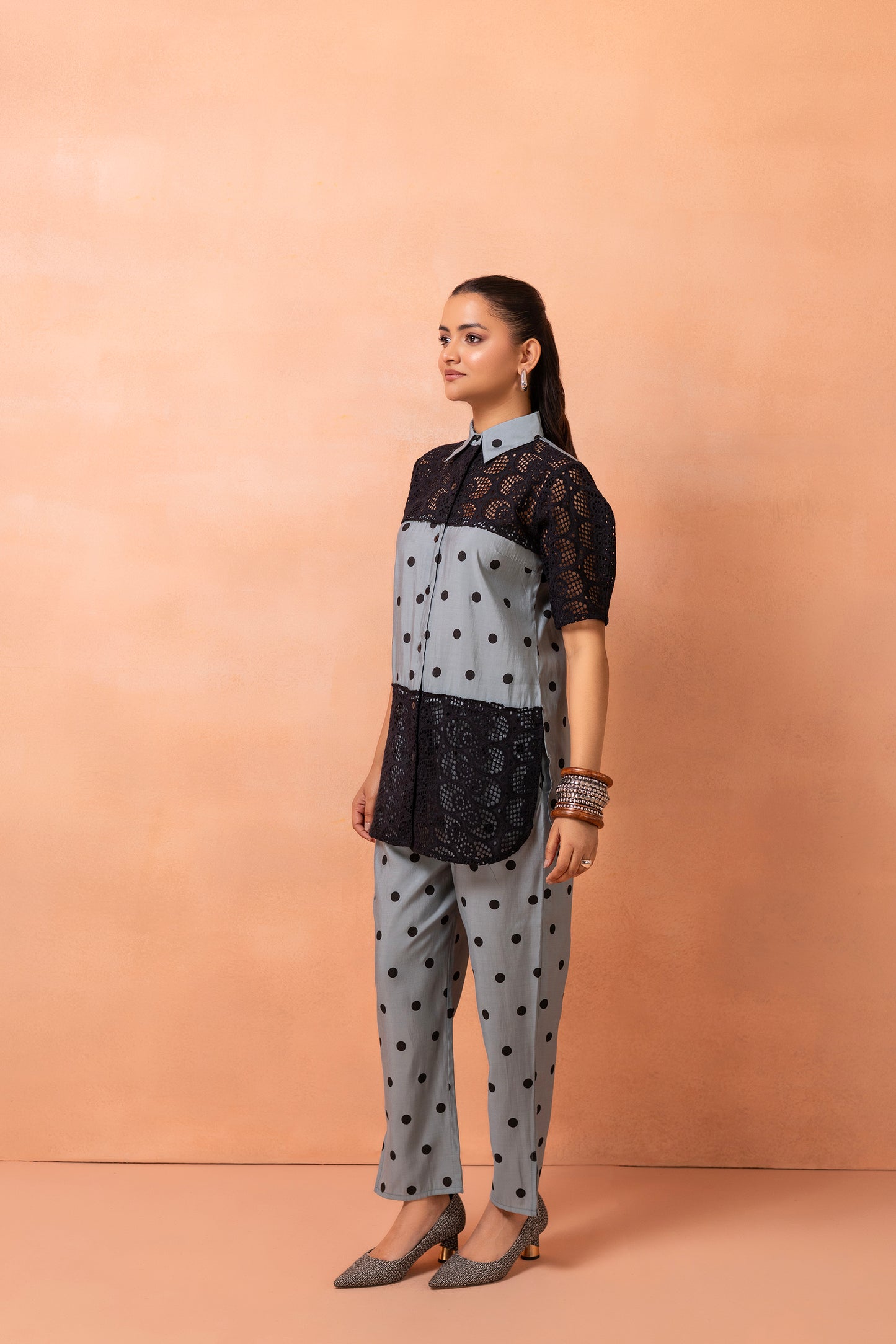 Powder Blue Polka Dots With Black Crochet Co-ord Set