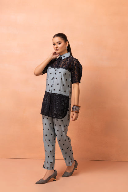 Powder Blue Polka Dots With Black Crochet Co-ord Set