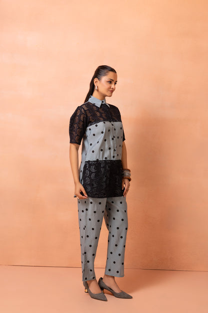 Powder Blue Polka Dots With Black Crochet Co-ord Set