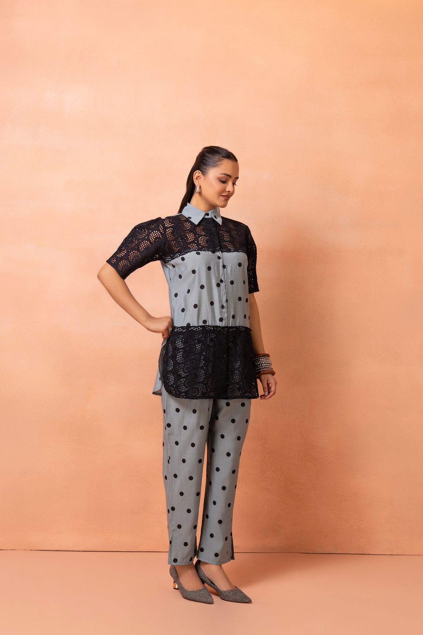 Powder Blue Polka Dots With Black Crochet Co-ord Set