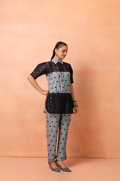 Powder Blue Polka Dots With Black Crochet Co-ord Set