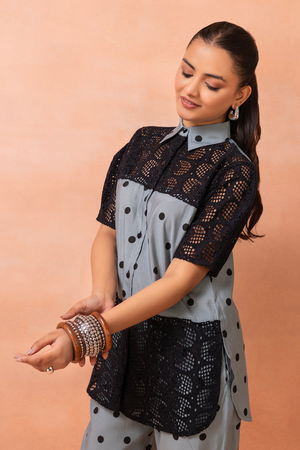 Powder Blue Polka Dots With Black Crochet Co-ord Set