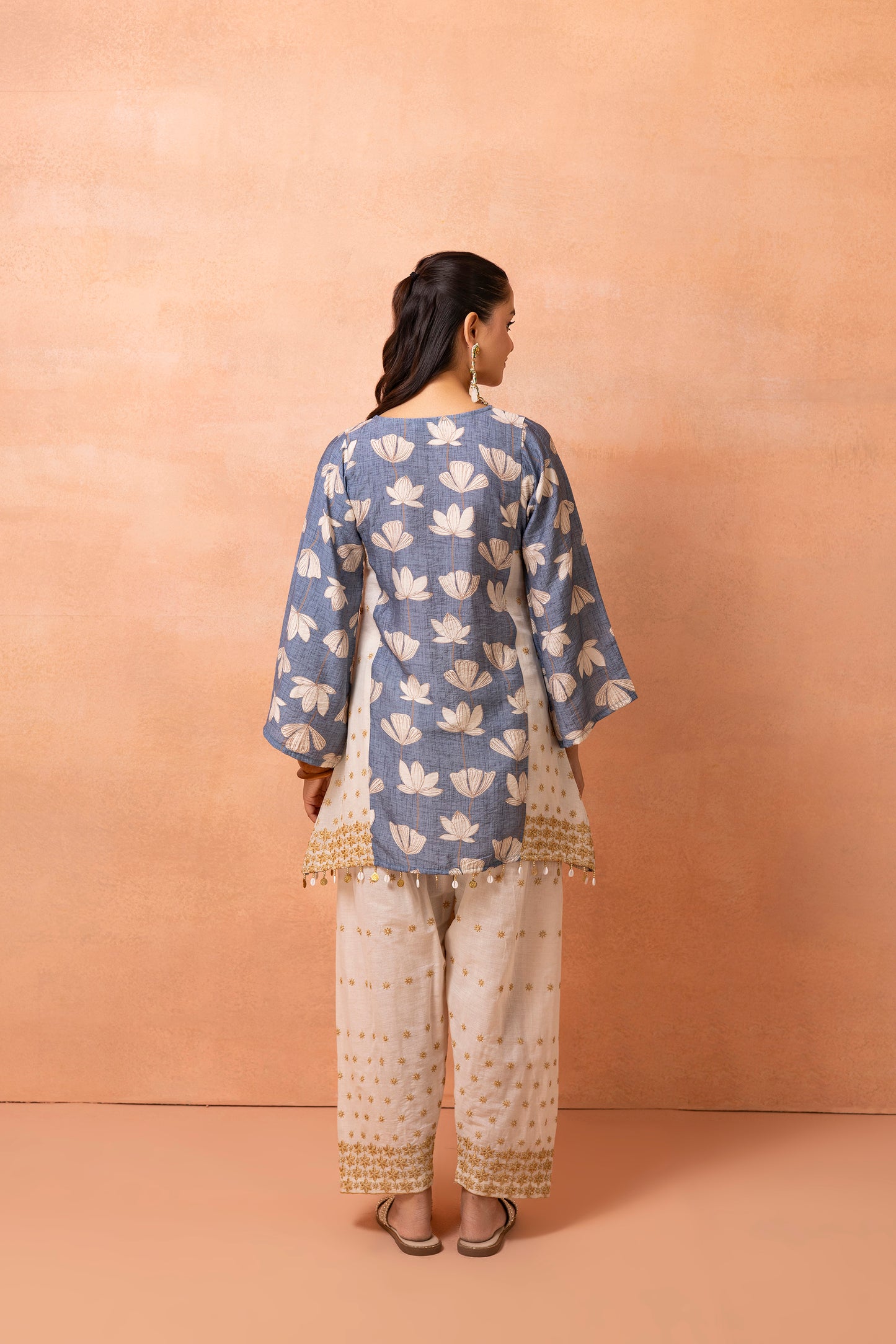 Blue And Cream Floral Printed and Embroidered Farshi Salwar Set
