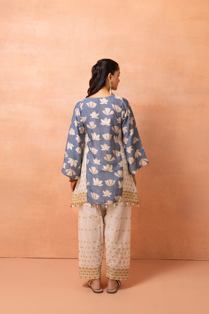 Blue And Cream Floral Printed and Embroidered Farshi Salwar Set