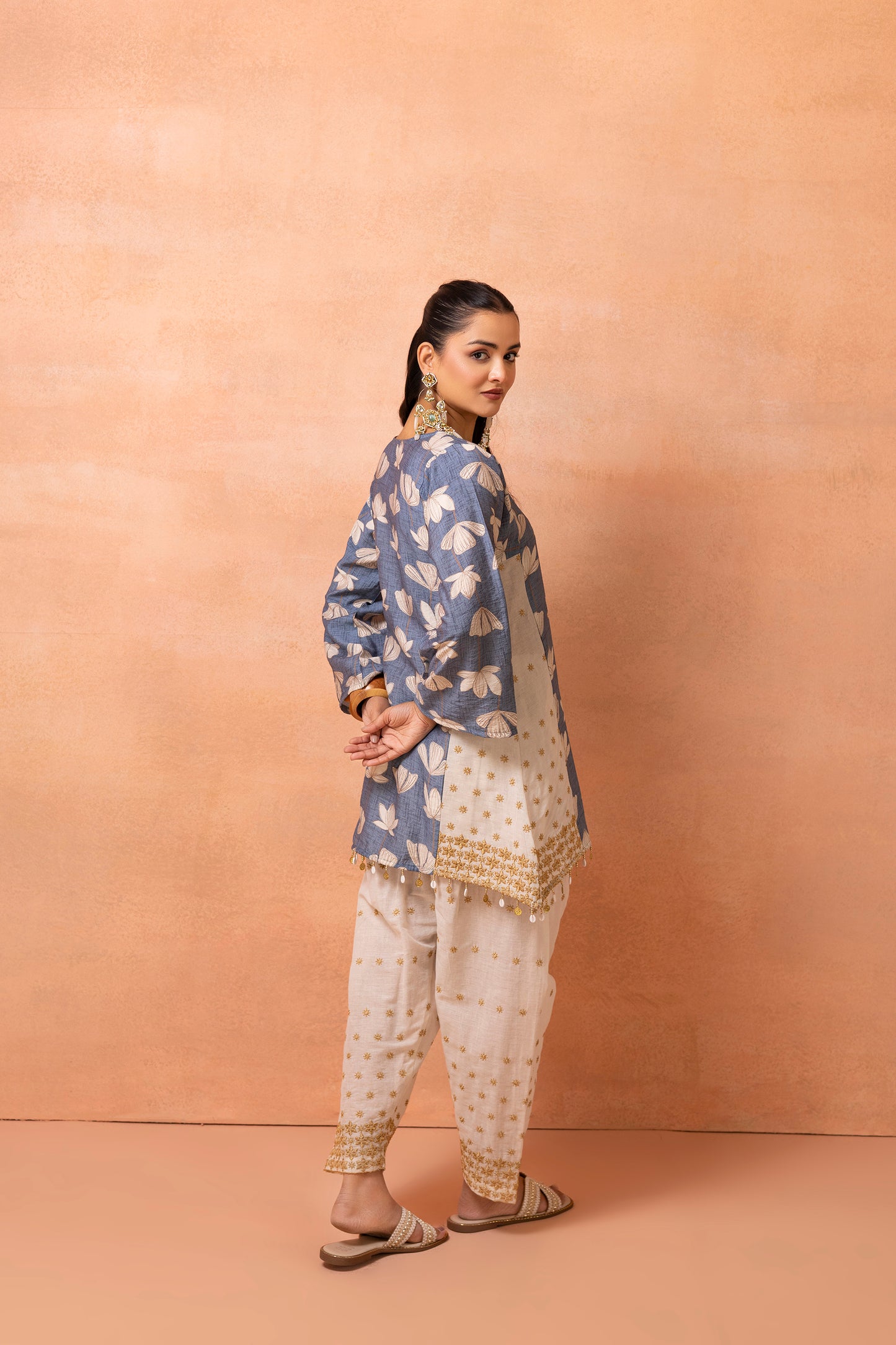 Blue And Cream Floral Printed and Embroidered Farshi Salwar Set