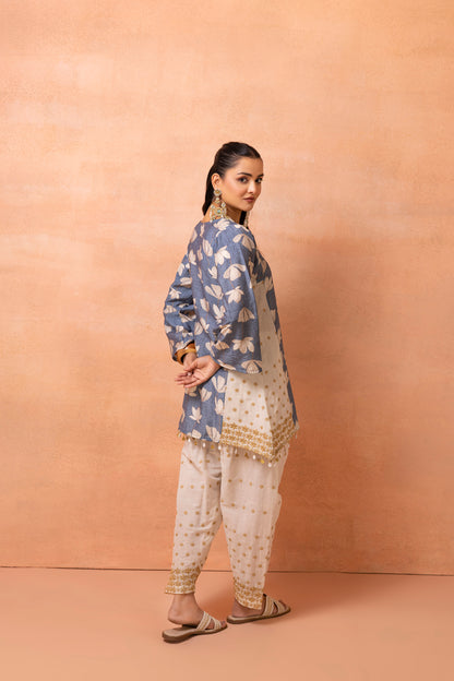 Blue And Cream Floral Printed and Embroidered Farshi Salwar Set